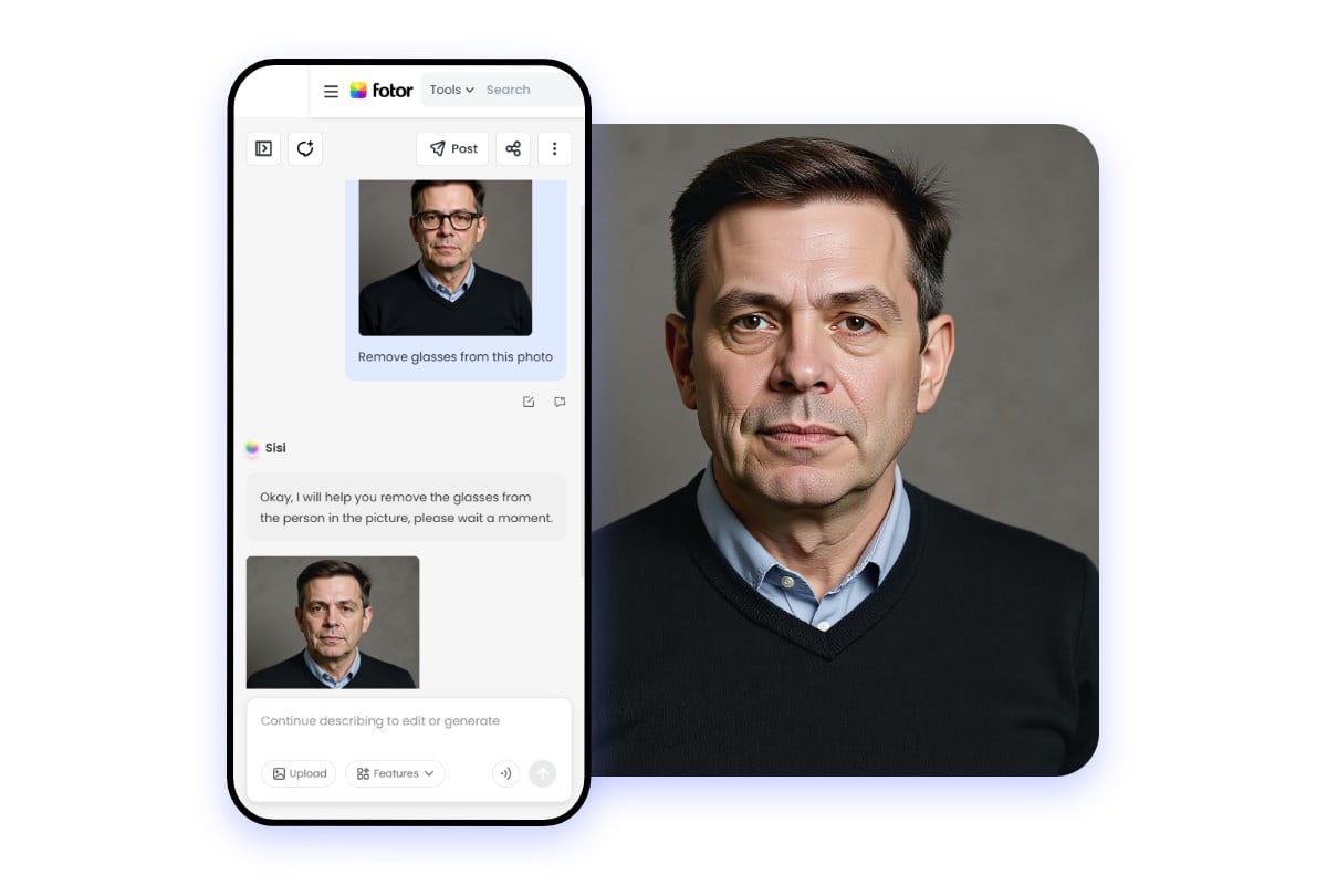 Essayer l'application de suppression de lunettes IA de Fotor pour enlever les lunettes sur une photo d'un homme mûr