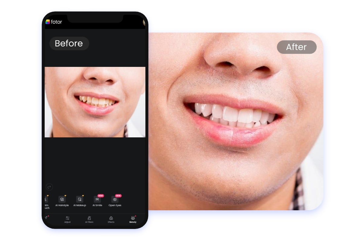 Try fotor teeth whitening app to whiten teeth of a photo featuring a man with yellow teeth