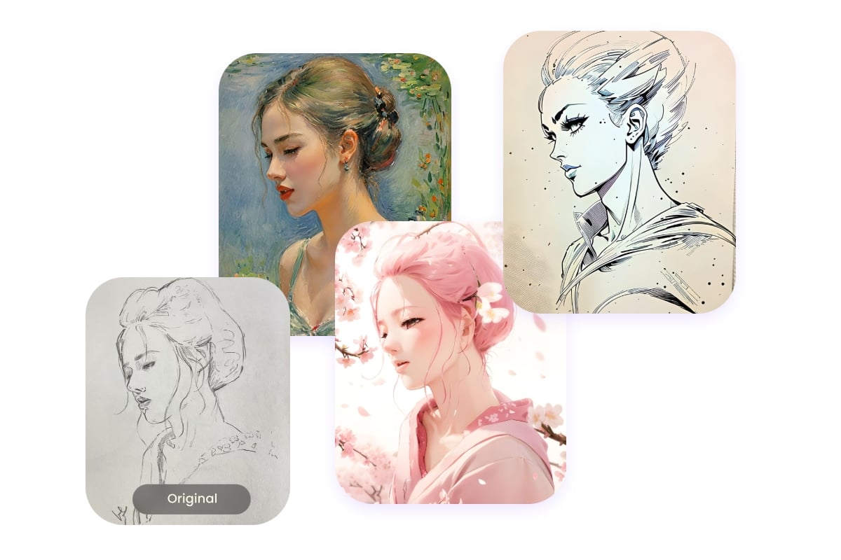 Turn a balck sketch of a day into three colored drawings with fotor ai sketch to image converter