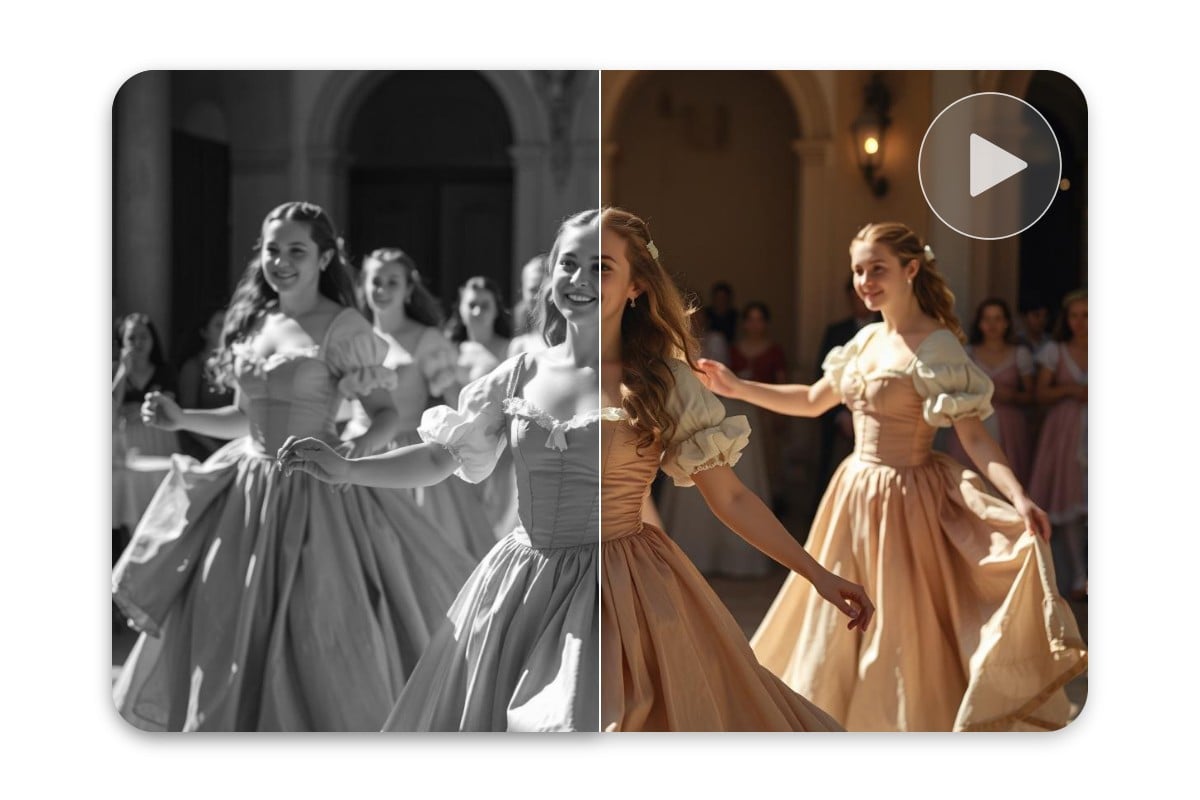 Turn a black and video to color featuring a group of women dancing