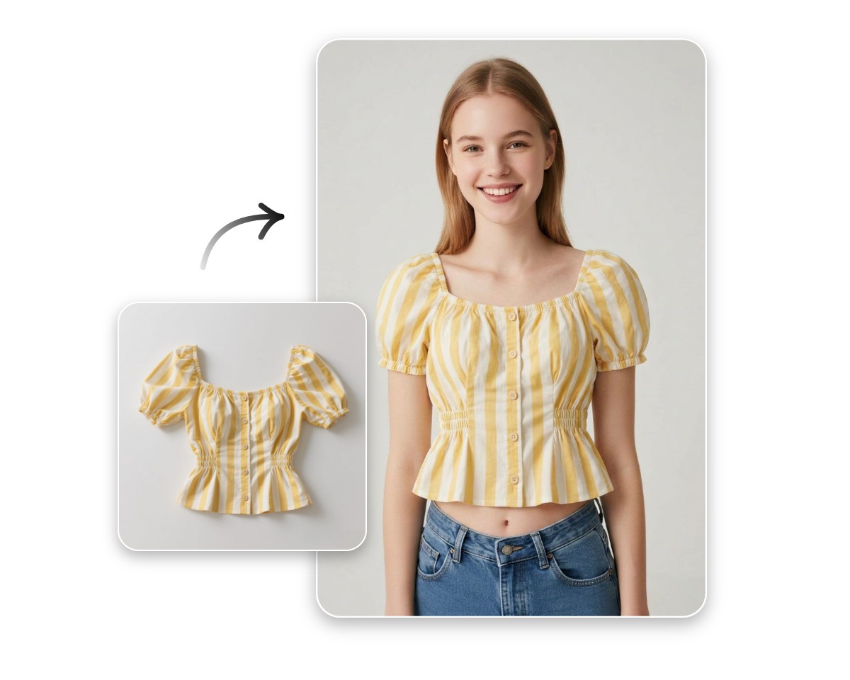 Turn a blouse picture into a photo of a female model wearing it