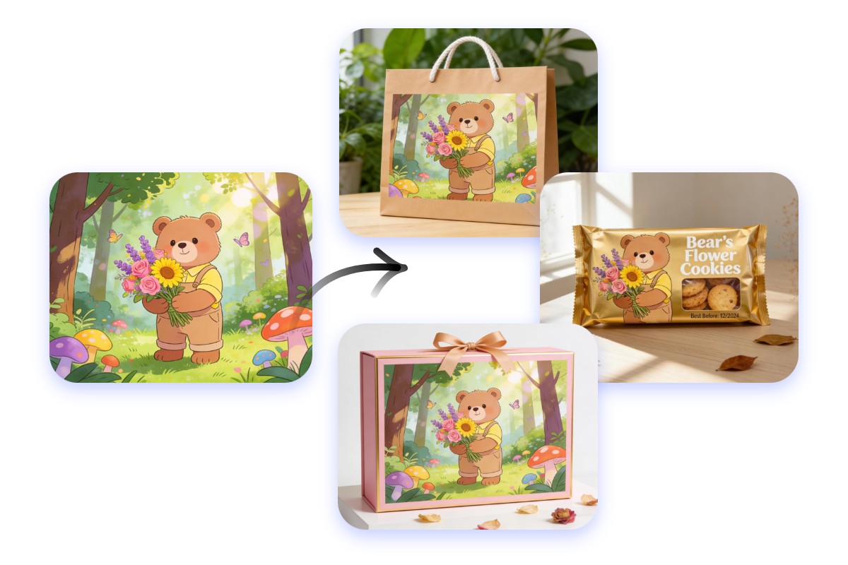 Turn a cartoon bear photo into ai packaging design mockups