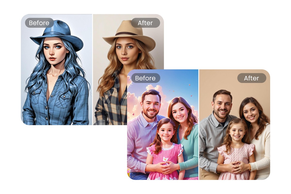 Turn a cartoon girl and family photo into reality