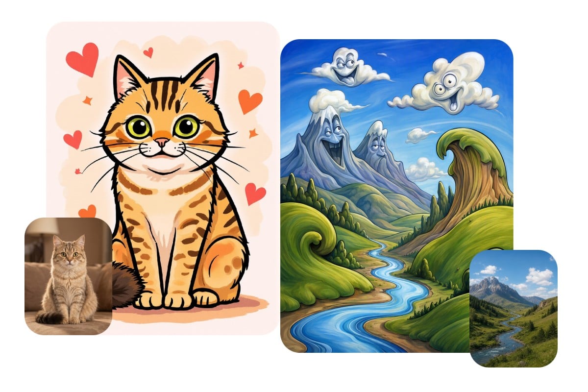 Turn a cat and a landscape photo into caricature art