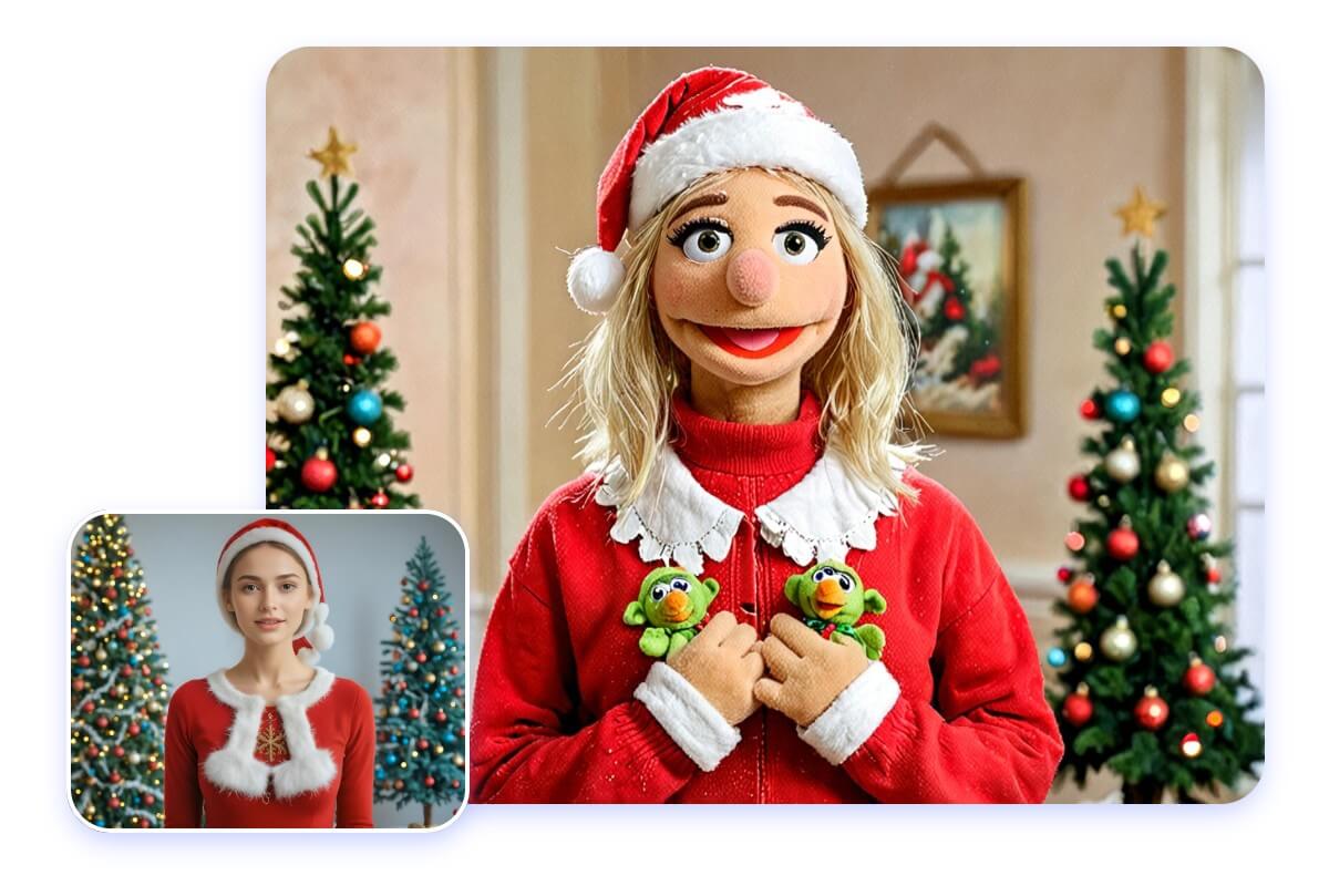 Turn a christmas photo of a female into a muppet style in fotor