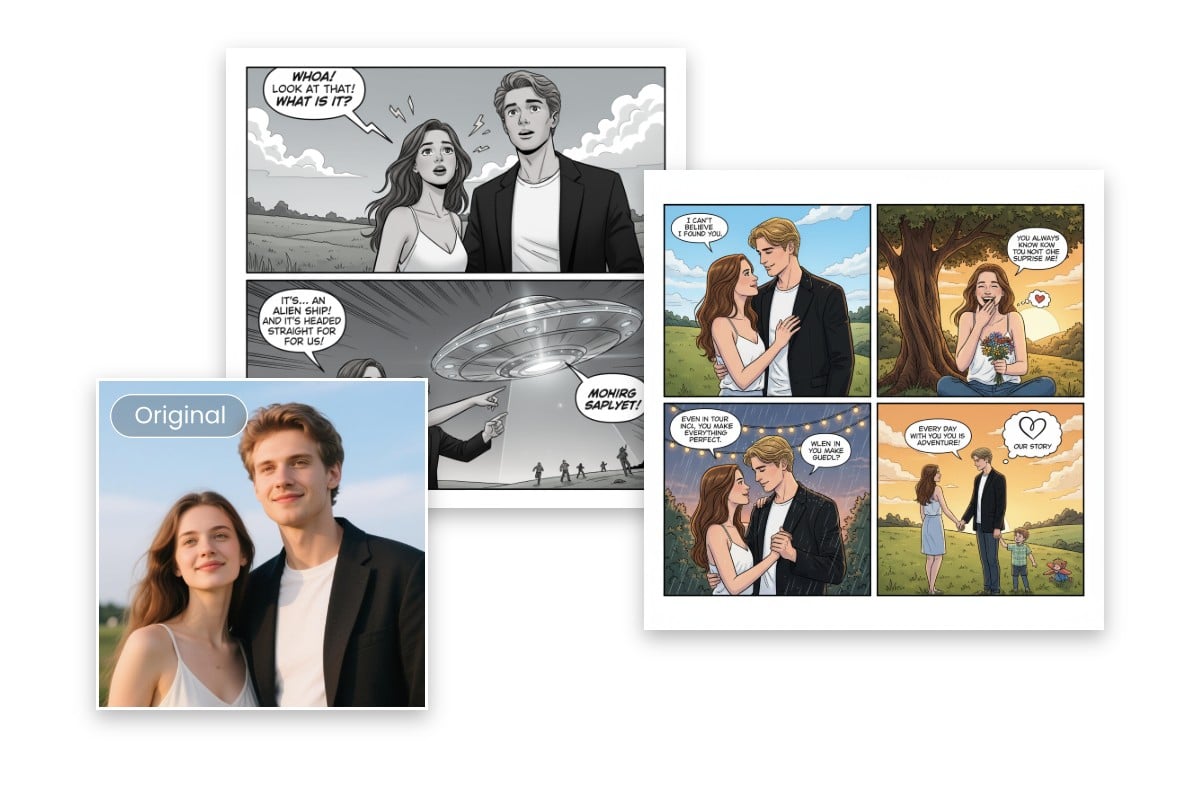 Turn a couple photo into a two panel and four panel ai comics