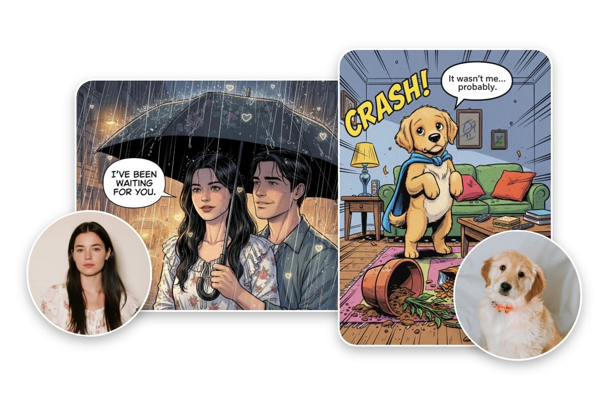 Turn a femal portrait and a dog into ai comics