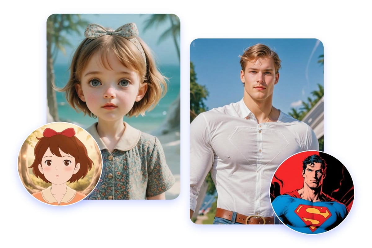 Turn a ghibli girl and a male superhero into realistic people by fotor