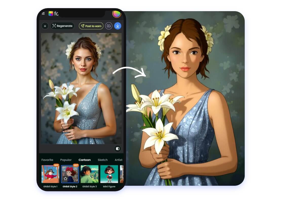 Turn a girl holding flowers into a studio ghibli anime style on mobile
