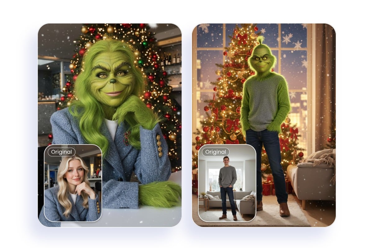 Turn a girl portrait and a full body man into Grinch characters