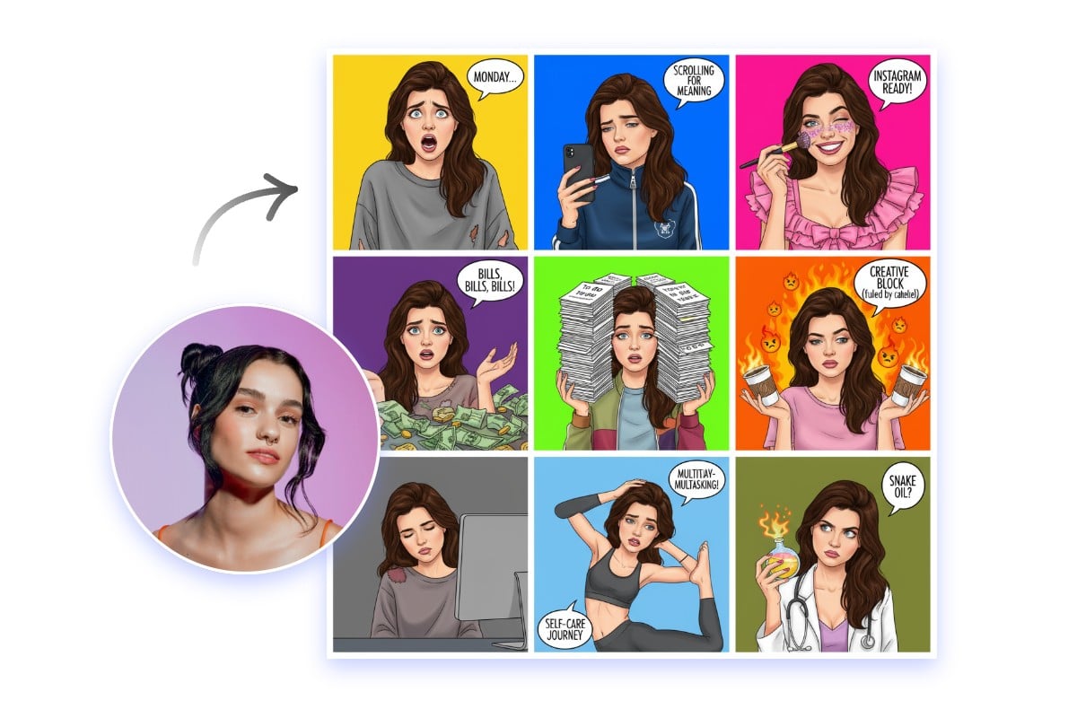 Turn a girl selfie into a nine grid photo and each frame has diffrent portraits