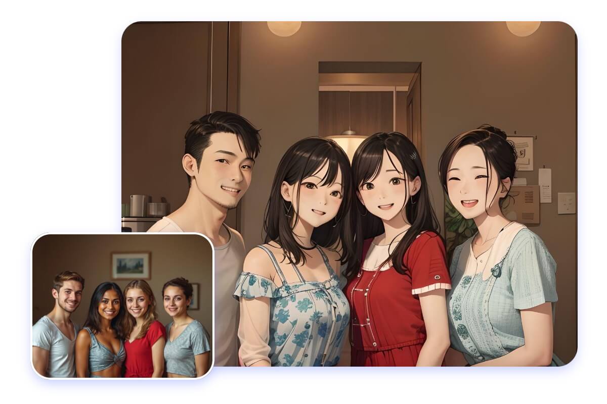Turn a group photo of four people into an anime style