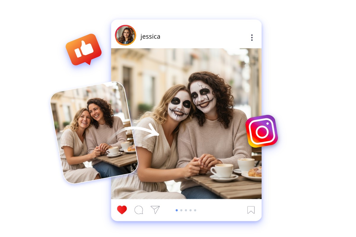 Turn a group photo of two girls into a clown face visual and share it on social media