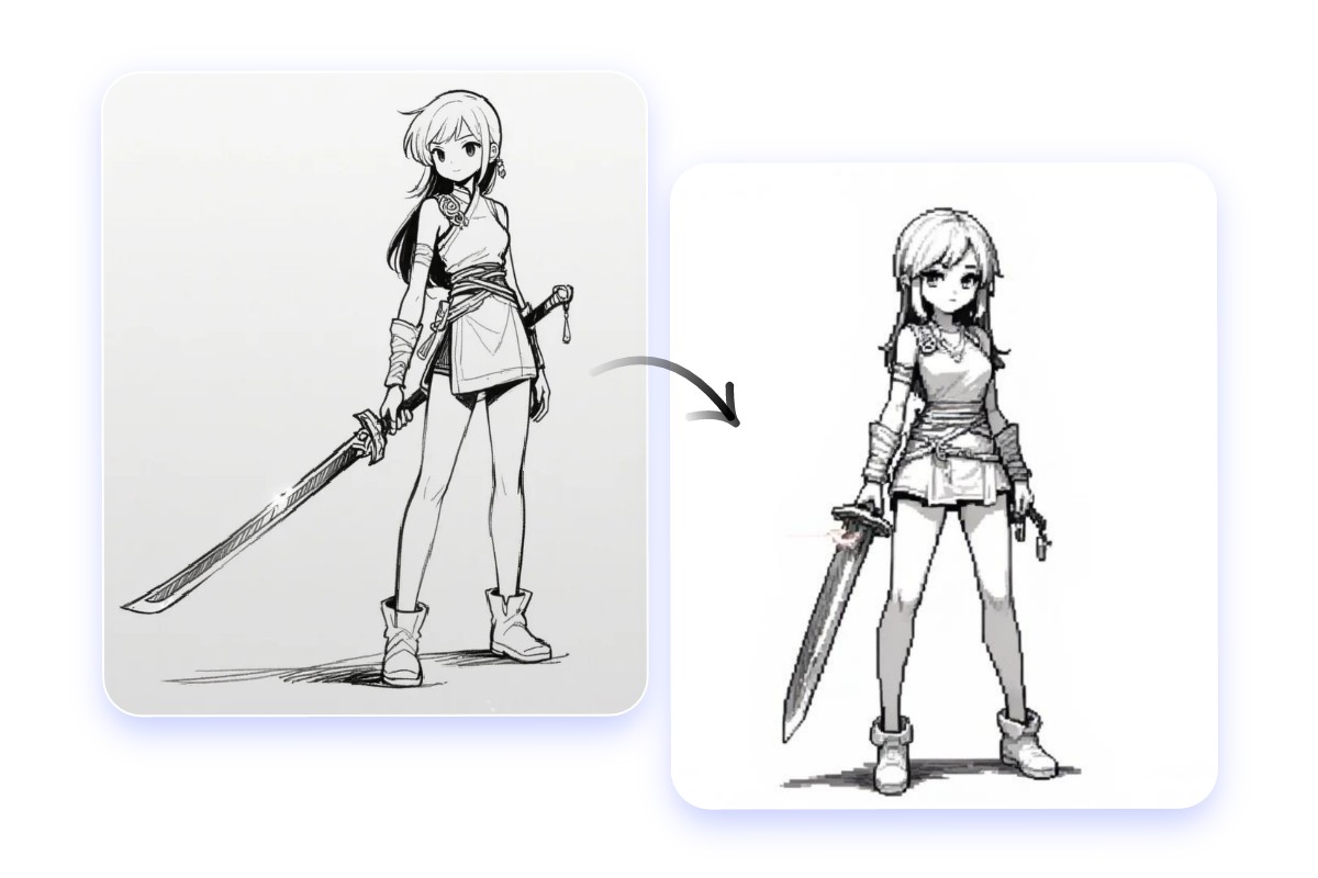 Turn a hand drawn sketch of a girl into pixel style sprite art