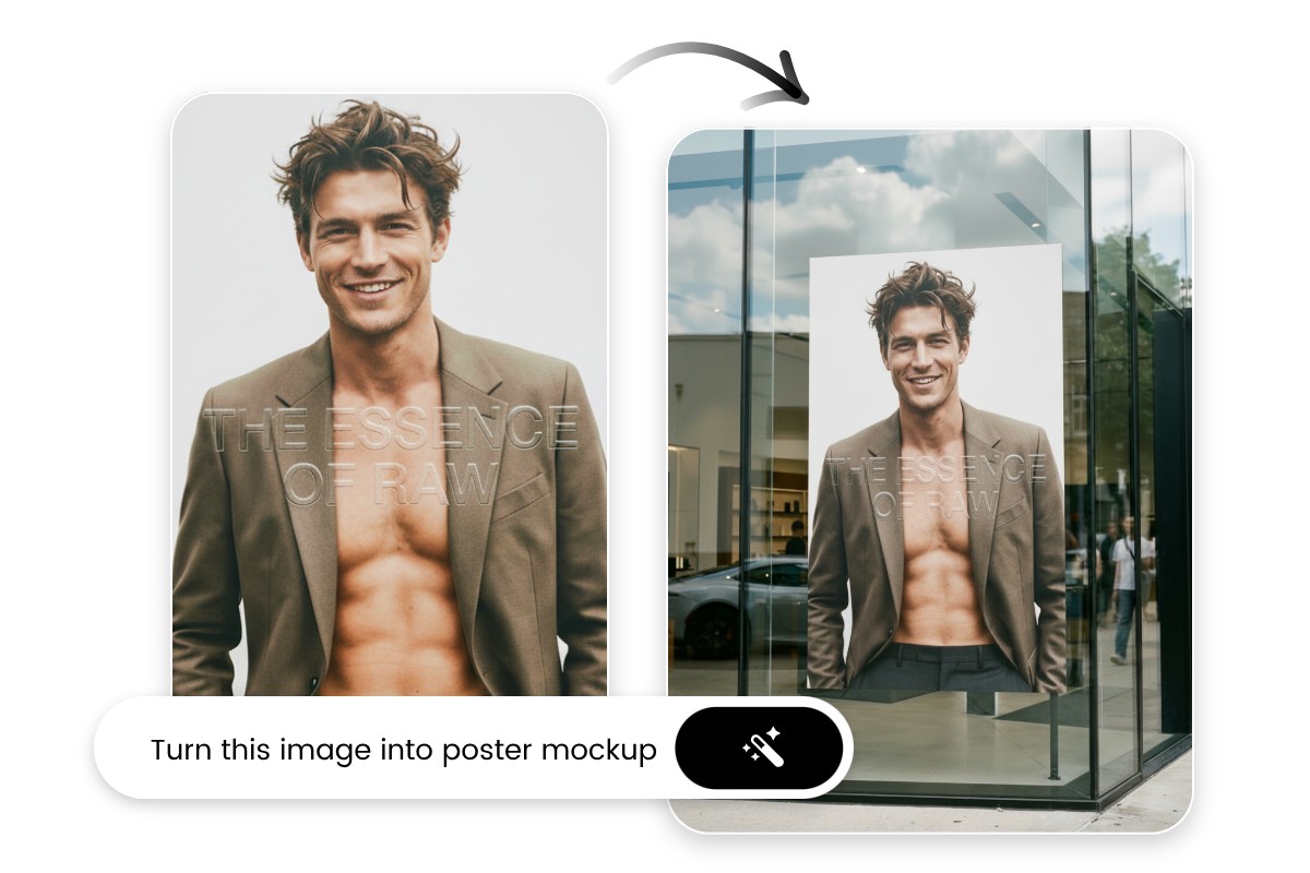 Turn a male model image into an outdoor poster mockup