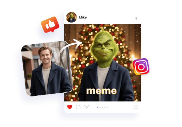 Turn a male portrait into grinch and make it a meme for social media