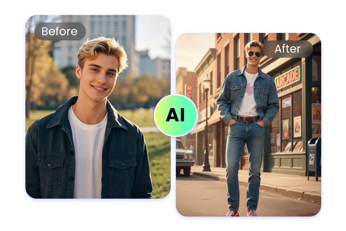 Turn a man in black jacket into a man in american 1980s jeans with fotor ai time machine