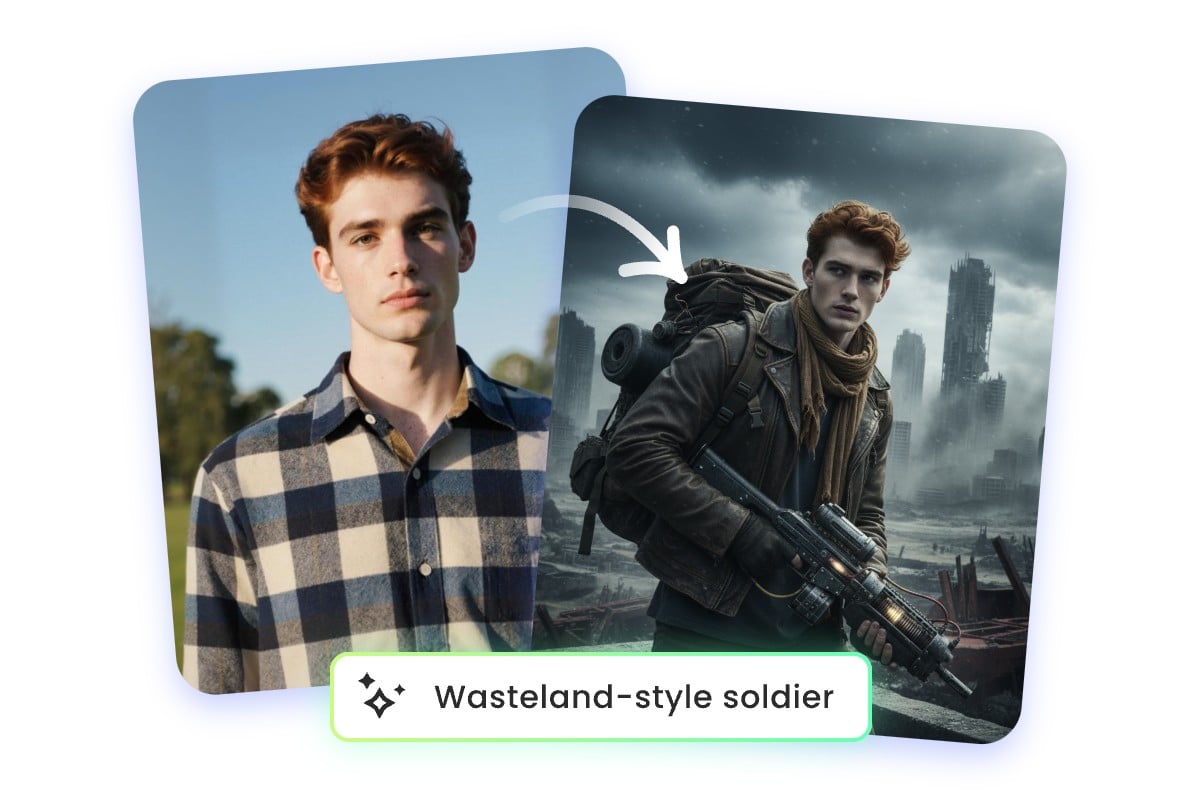 Turn a man selfie into a storyboard in theme of watseland soldier with fotor ai storyboard generator