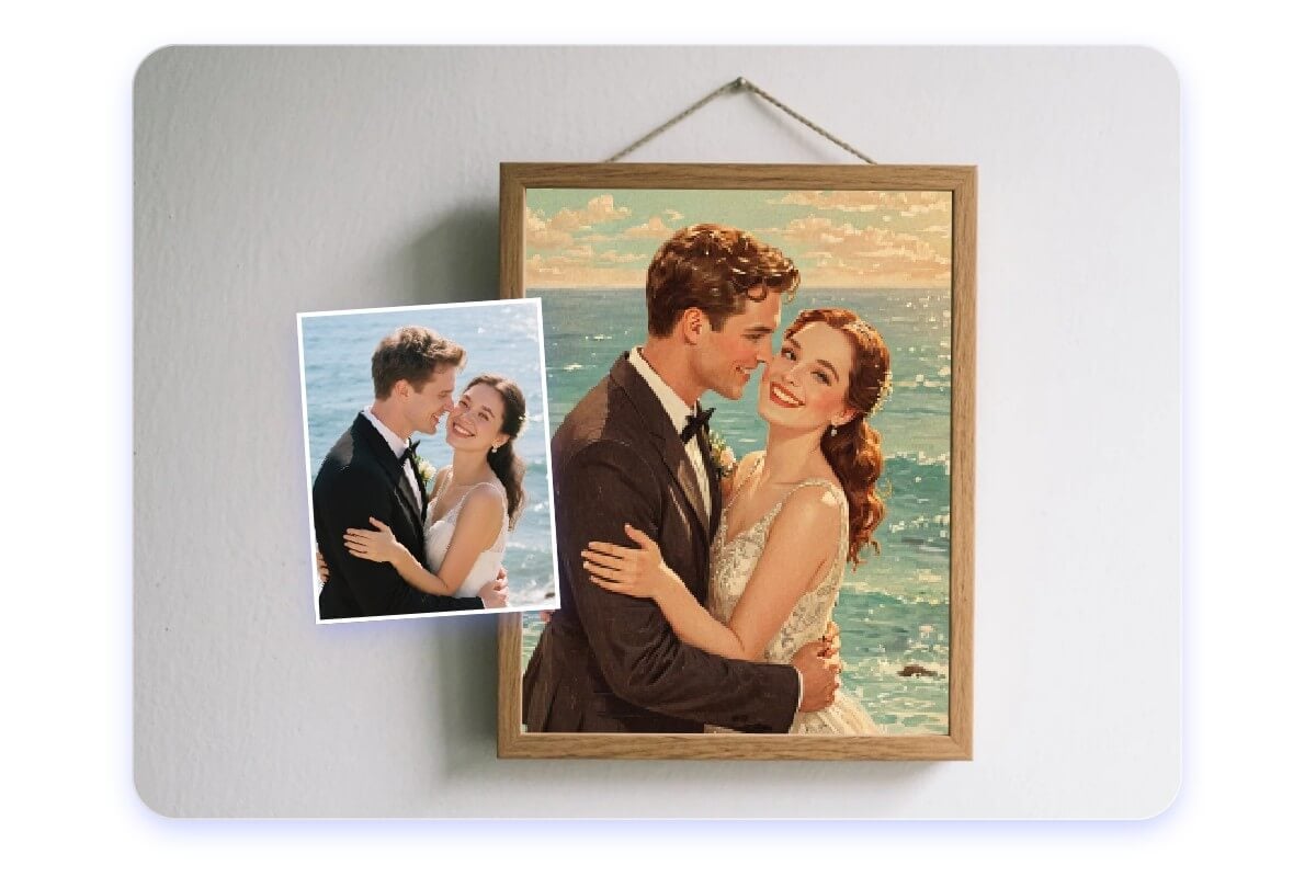 Turn a photo of a couple into a digital painting and print it as a framed decoration