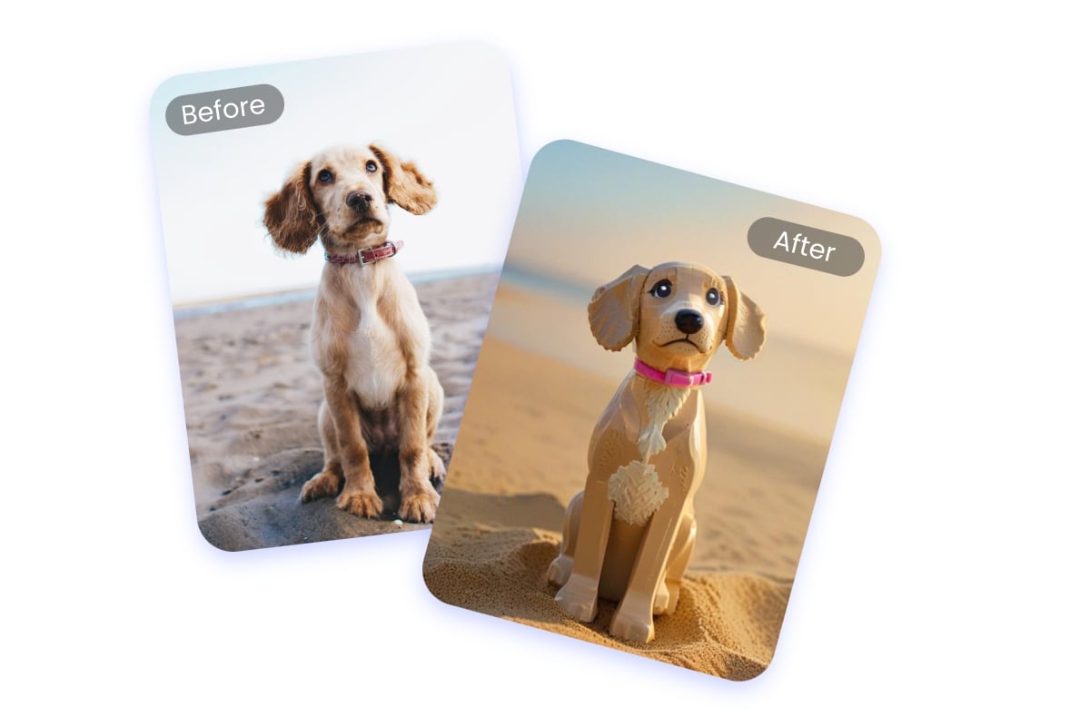 transformer photo d'un chien à poils dorés en personnage Lego