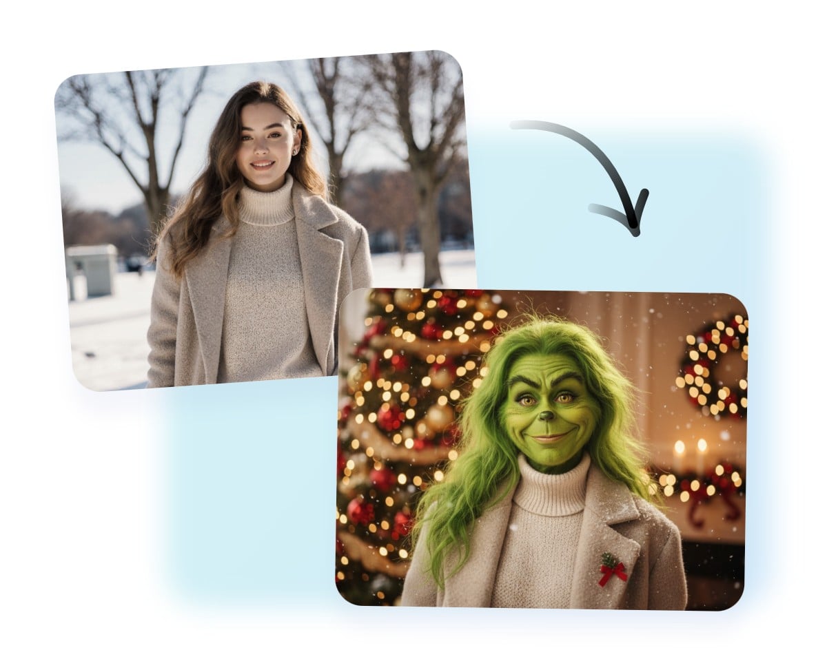 Turn a photo of a girl in a snow view into a grinch against a xmas backdrop