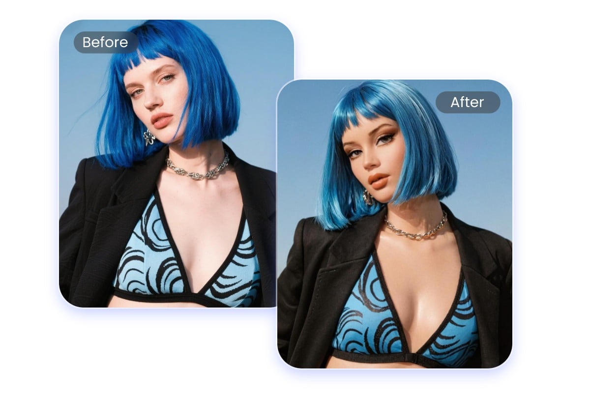 Turn a photo of a girl with a blue short wig into ai bratz doll