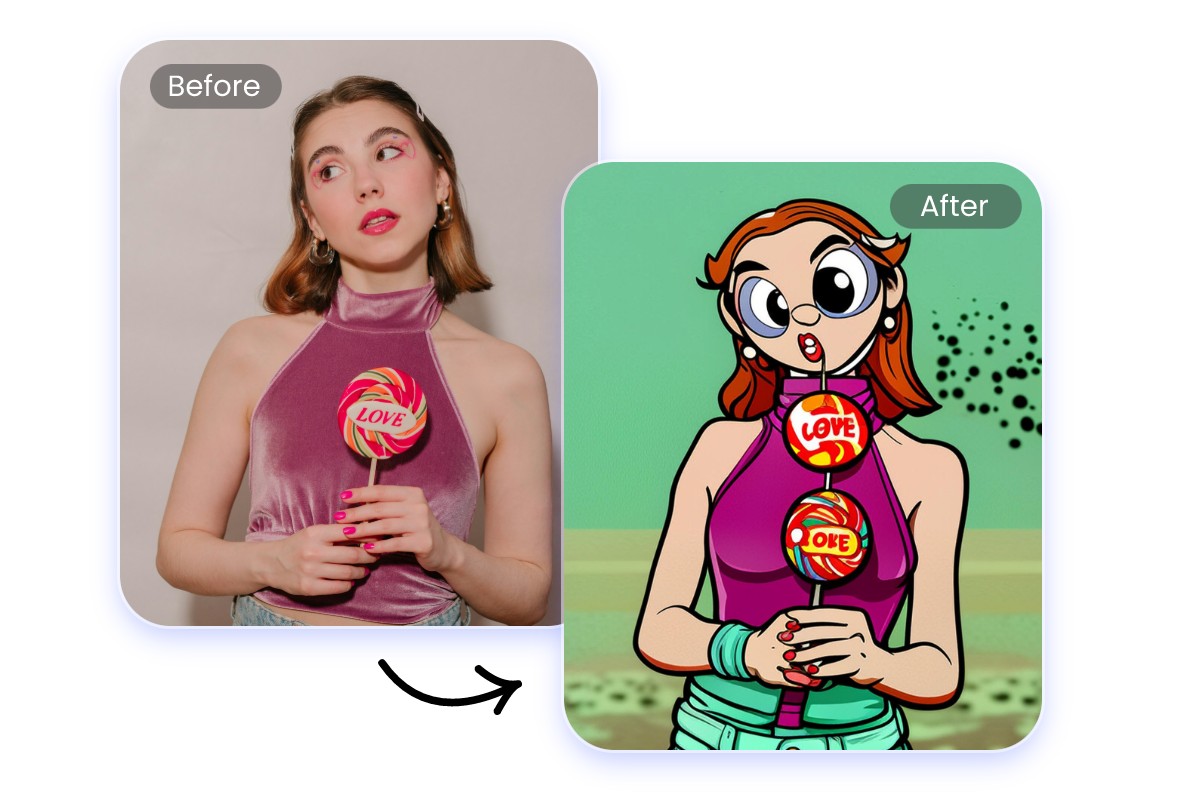 Turn a photo of a lady holding a lollipop into a powerpuff girls character