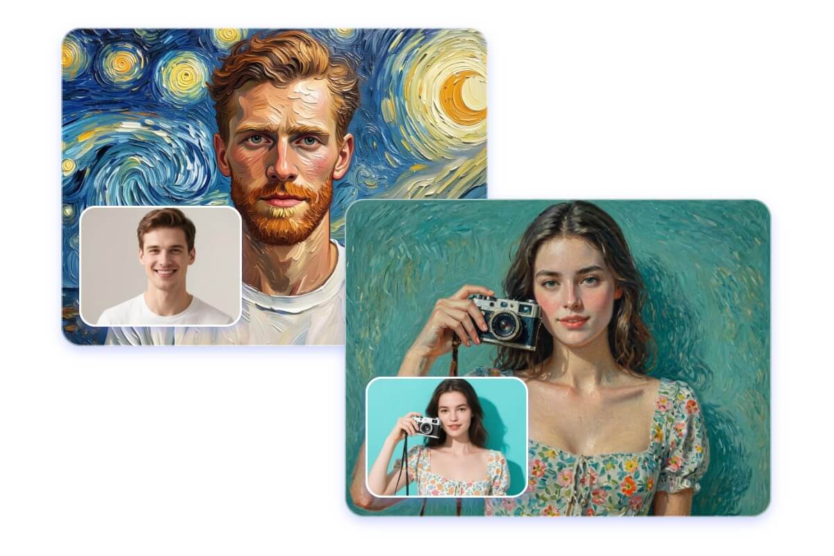 Turn a photo of a man and a photo of a woman into paintings