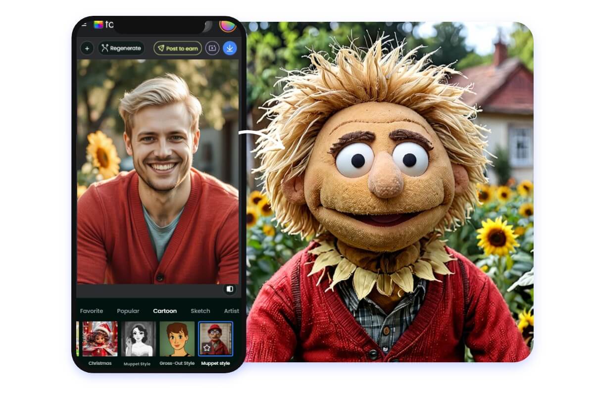 Turn a photo of a man into a muppet style on fotor mobile app