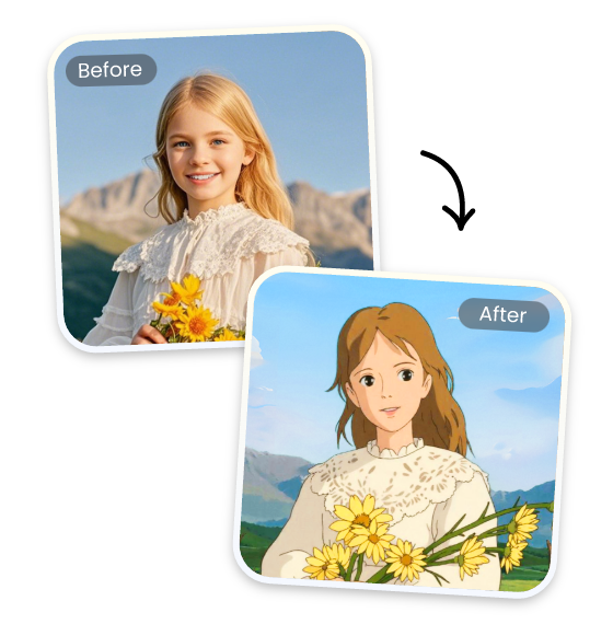 Turn a photo of blond young girl with a flower into studio ghibli style image
