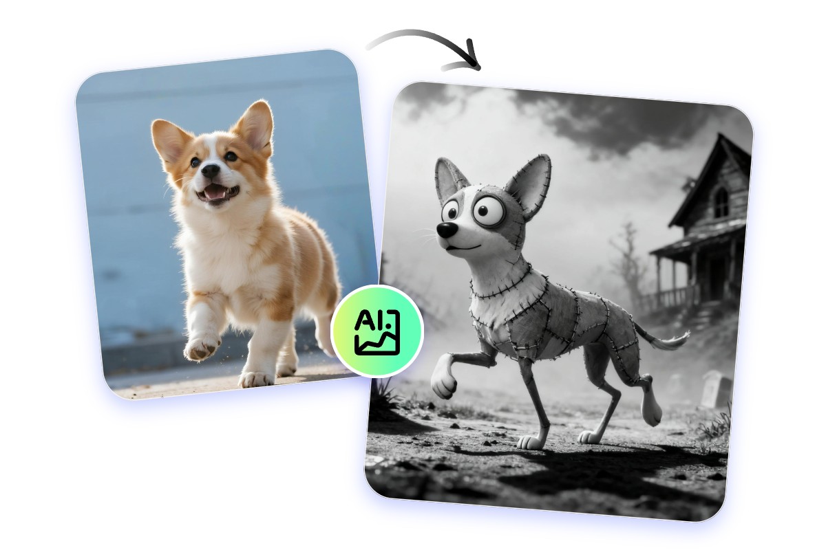 Turn a picture of a cute dog into tim burton style with fotor tim burton photo filter