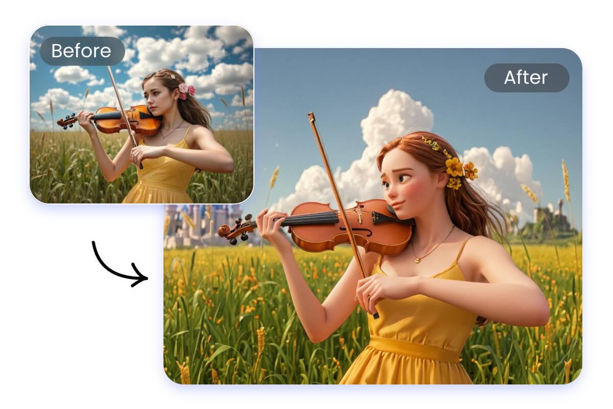 Turn a picture of a girl playing the violin on the grass into an anime style