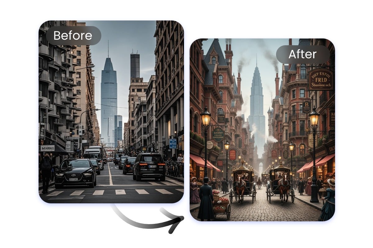 Turn a picture of street view into victorian era style with fotor
