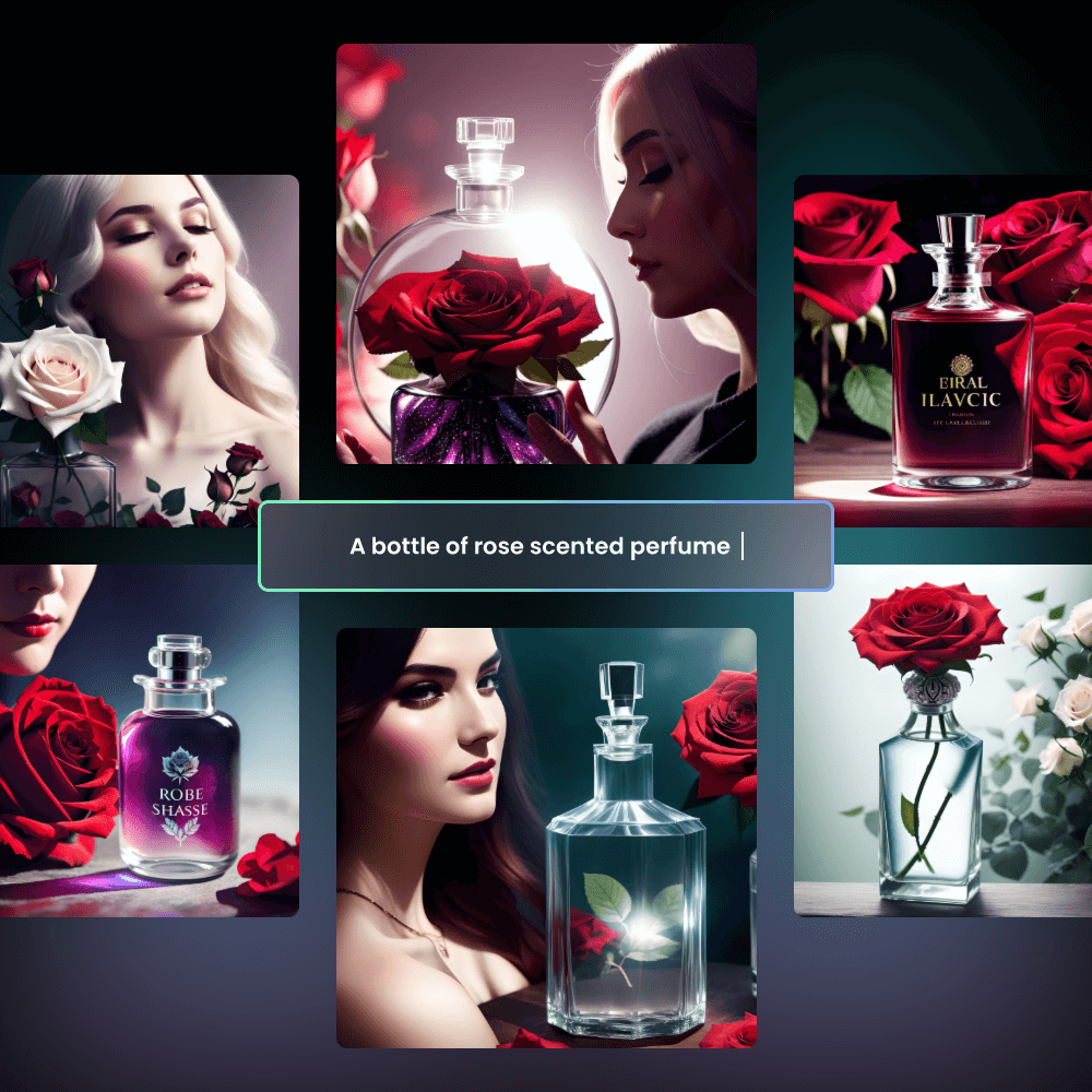 Biến và một văn phiên bản nhắc nhở một chai nước suối hoa đem hương thơm thơm phức hoả hồng trở thành những hình hình ảnh không giống nhau vô trình tạo nên hình ảnh Fotor ai