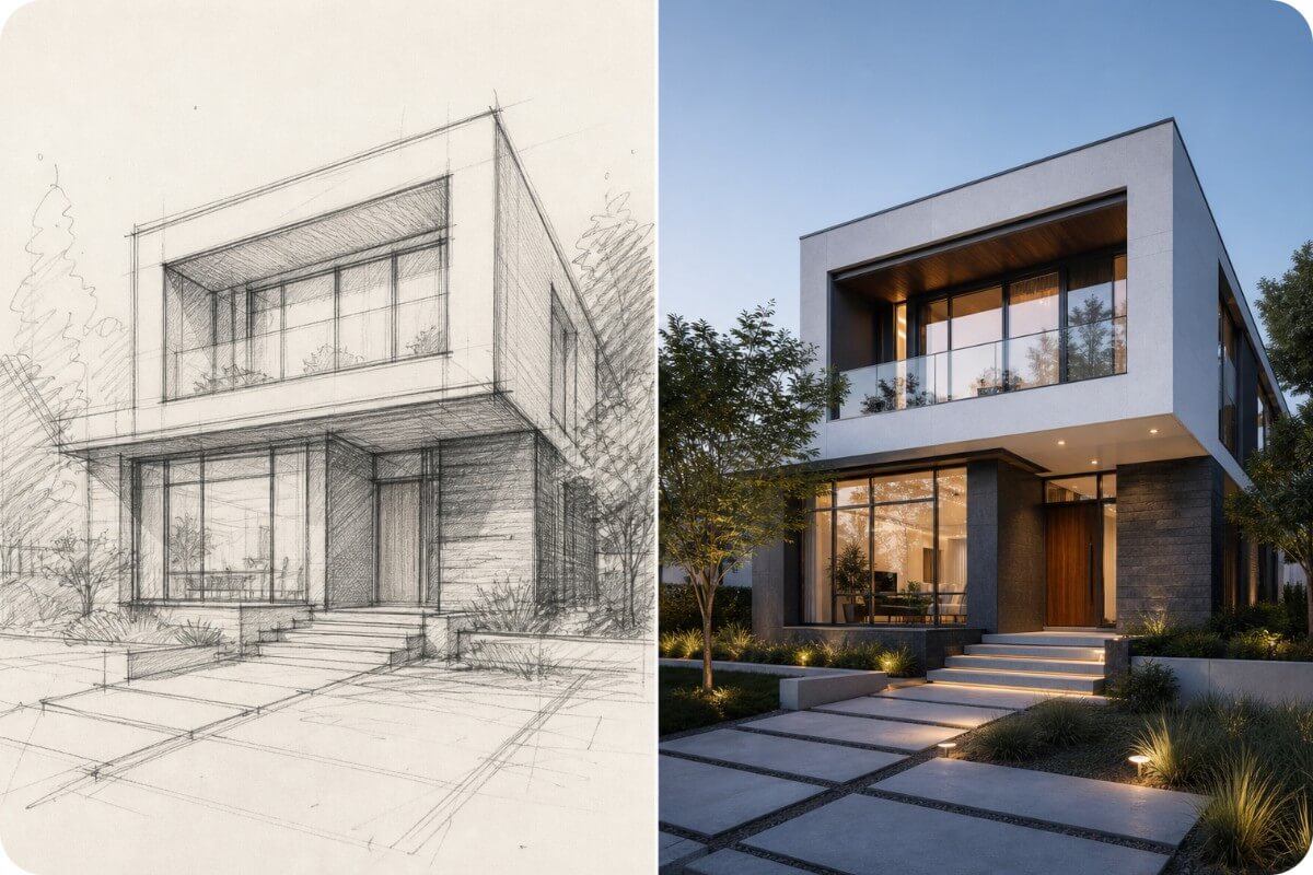 Turn a simple architectural concept into a realistic building visualization with Fotor AI image generator