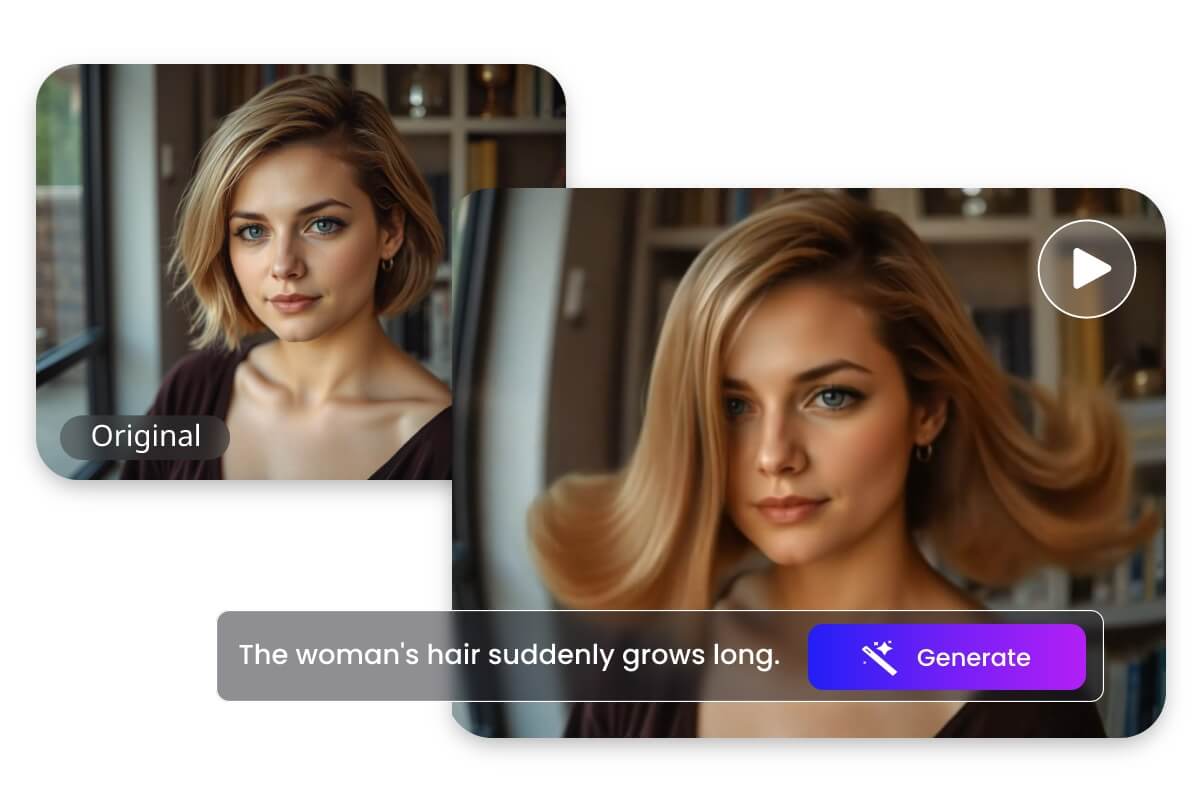 Turn a static photo of a girl with short hair into a hair growth video with ai