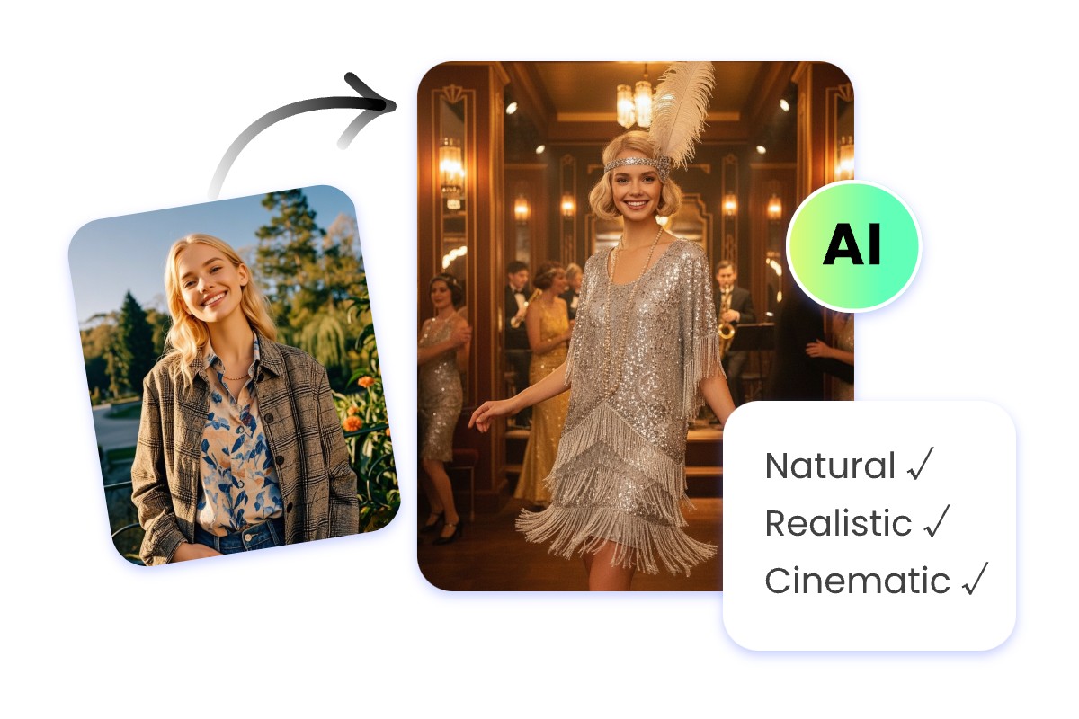 Turn a woman picture into american 1920s with fine details and high quality