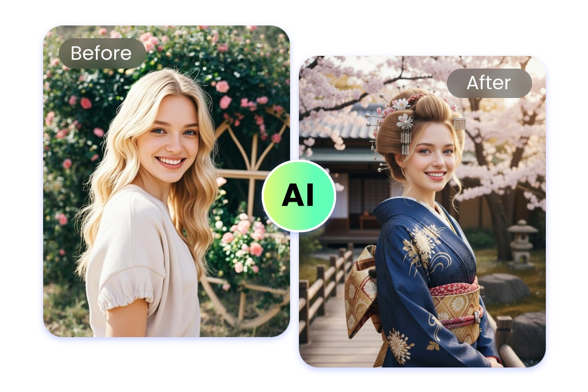 Turn a woman picture into japanese style with iconic outfit and background