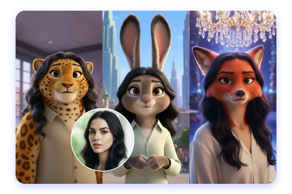 Turn a woman with long curly dark hair into three different zootopia animals with fotor