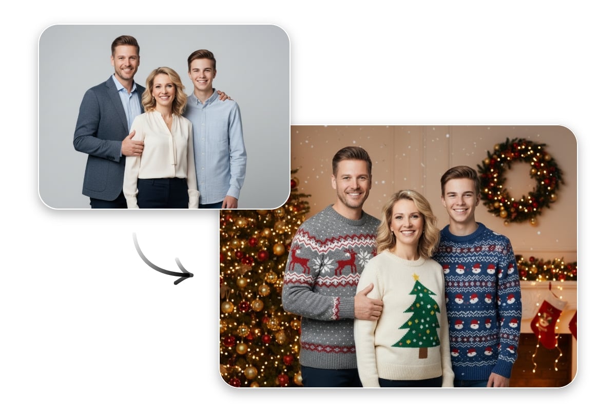 普通の家族写真をAIクリスマス家族ビジュアルに変換