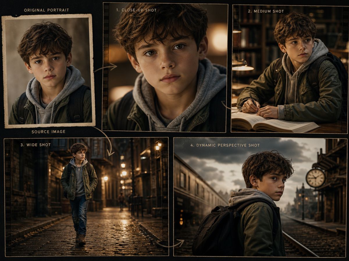 Turn an original young boy portrait into several scenes with good character consistency