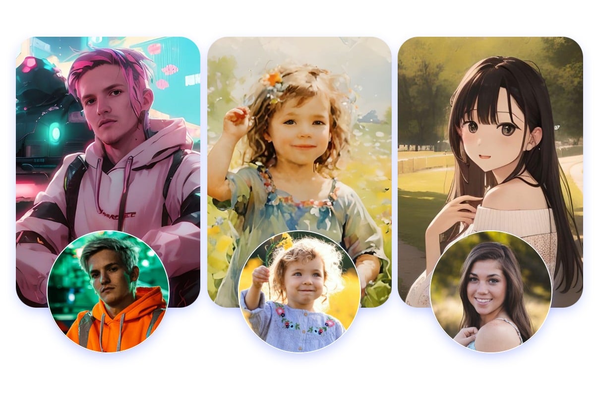 Verwandeln Sie je ein Foto eines Mannes, eines Kindes und einer Frau in KI-Porträts in verschiedenen Stilen.