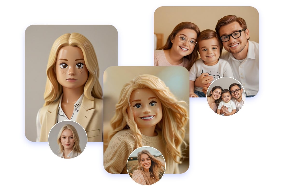 transformer des photos de deux femmes blondes et d'une famille de trois personnes en personnages Lego avec Fotor