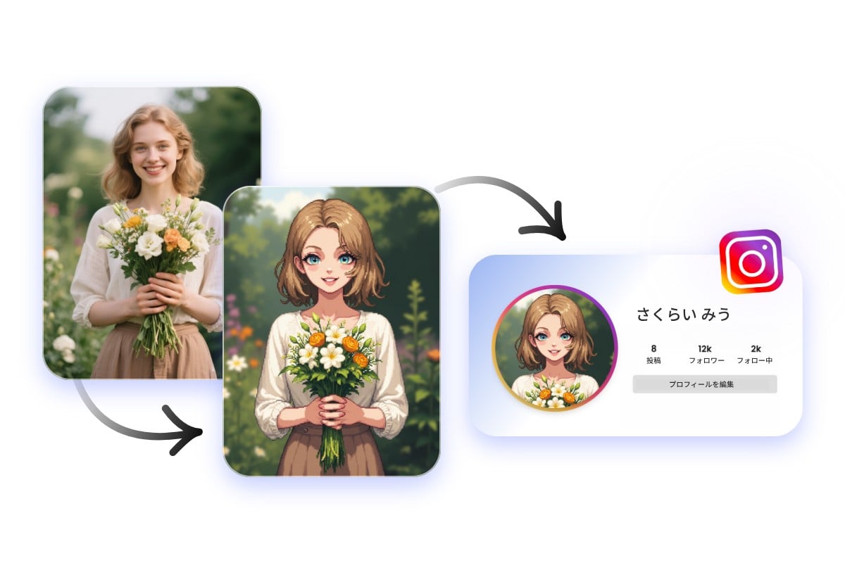 Aus einem Porträt einer Frau mit Blumenstrauß einen schönen Avatar erstellen und verwenden als ein Profilbild in Instagramm