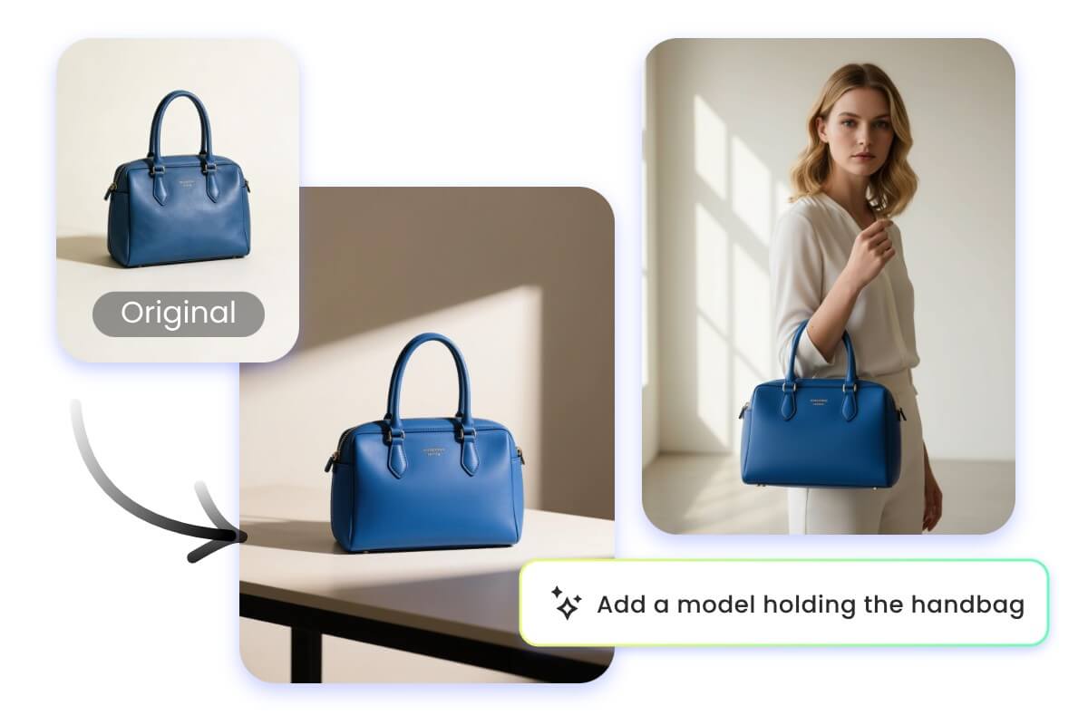 Turn product photos into styled images with generated background and model