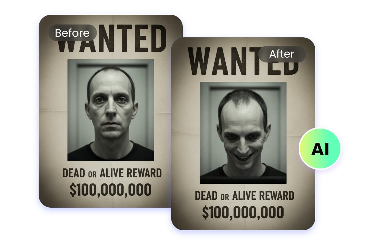 Transformer les expressions faciales d'un homme sur l'avis de recherche en un sourire dangereux avec Fotor