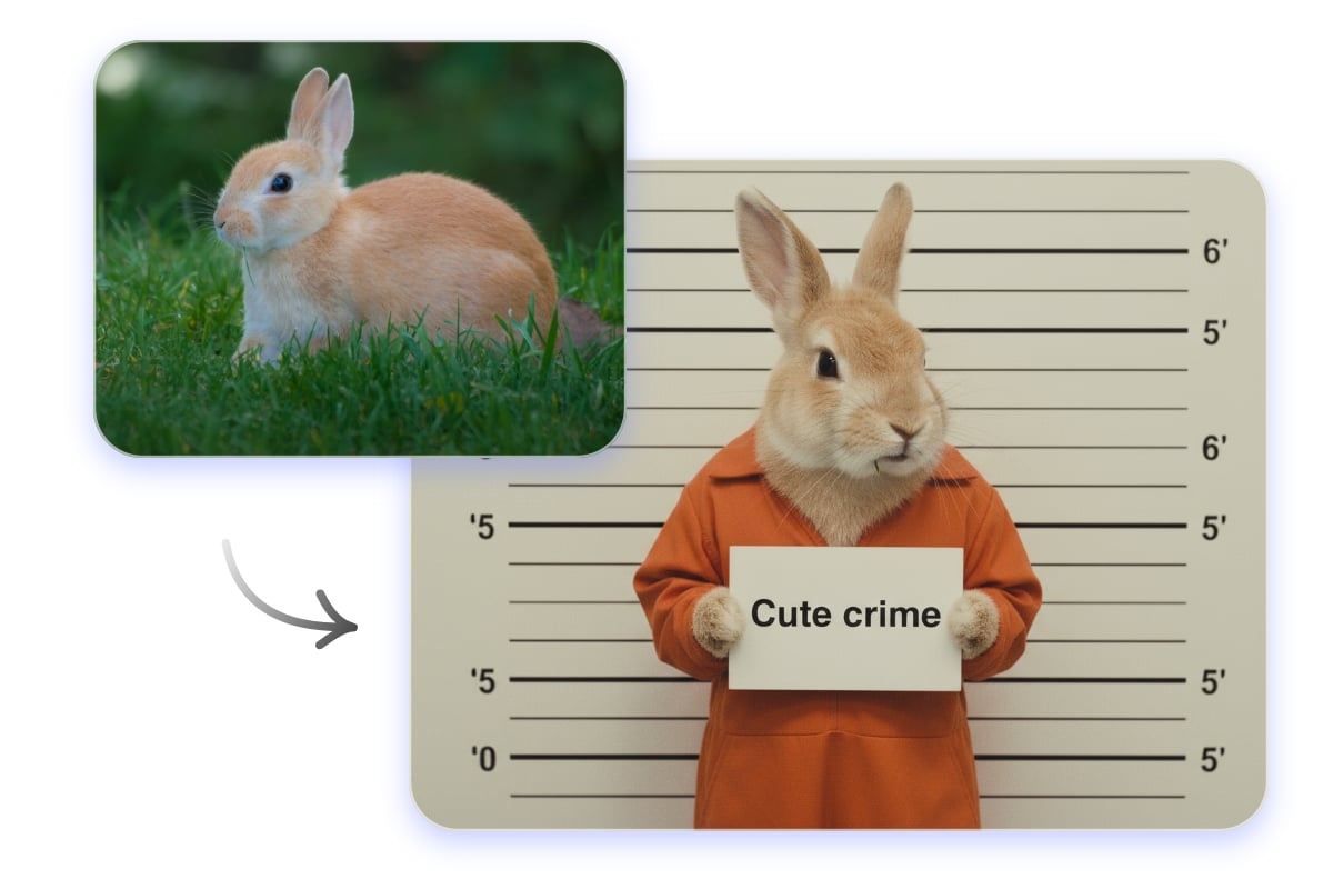 Turn the photo of a rabbit into a funny crime meme