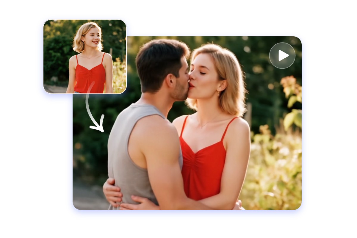 Transformer la photo d'une femme en robe rouge en une vidéo où elle embrasse un homme