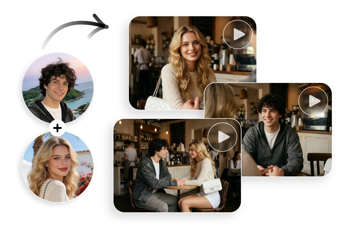 Turn two still photos into three storyboard shots with different camera angles