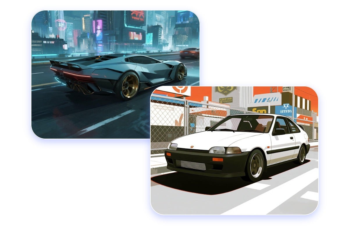Two ai generated cars in anime style created in fotor
